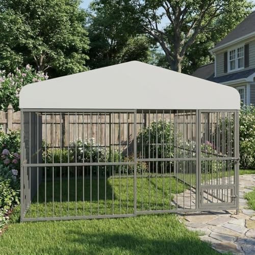 GarveeTech 10x10x6 ft Outdoor Dog Kennel Outdoor, Heavy-Duty Metal Dog Playpen with Waterproof Top Cover, Lock ＆ Swivel Feeding Bowl, Dog Crate Enclosure for All Dog Breeds, Easy Assembly