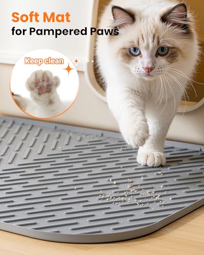Vacqueen Cat Litter Box Mat, 47" x 37" Extra Large Cat Litter Mat, Silicone Waterproof Litter Trapping Mat for Scatter Control Soft on Kitty Paws Non-Slip Easy to Clean (Grey)