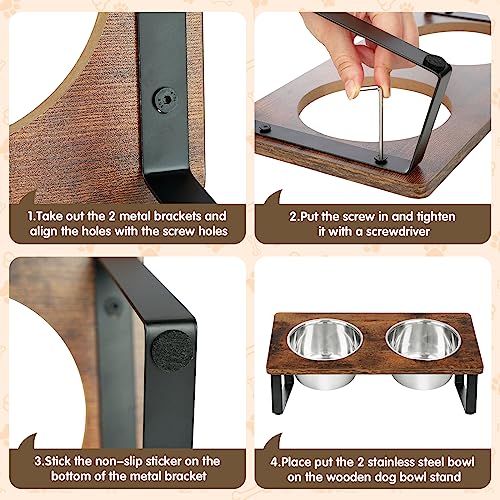 KEVIDEAWL Elevated Dog Bowls for Small Medium Wood Dogs Raised Bowl Stand with 2 Stainless Steel Deep Dog Food and Water Bowls, Anti Vomit, Non-Slip Feeding Dishes(Tilted，3 inches in Height, 40oz