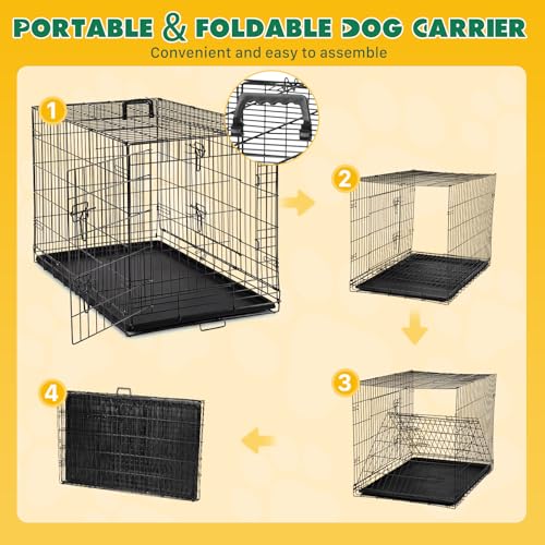 Aidoly Dog Crate - Medium 36 Inch Double Door Portable Dog Cage, Metal Wire Pet Kennel with Secure Lock, Leak-Proof Pan Tray, Foldable Design for Dogs Pets Indoor Training and Outdoor Travel