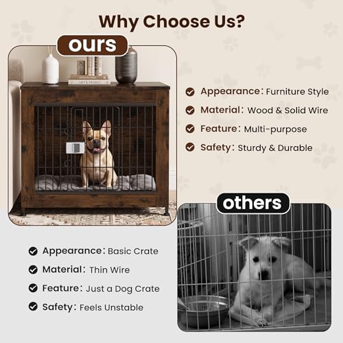 Furniture Style Dog Crate, Decorative Wooden Pet Kennel End Table for Small to Medium Dogs (Under 30 lbs), Indoor Dog House with Secure Slide Lock & Solid Top, Modern Pet Cage Furniture, Aged Black
