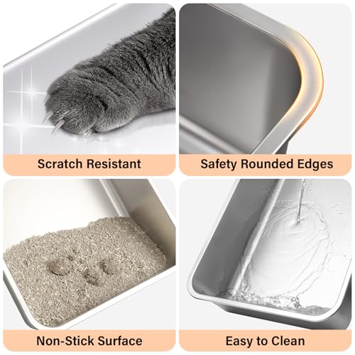 Stainless Steel Cat Litter Box with Lid, Large Metal Litter Box Stainless Steel with Mat & Scoop, Odor-Free/Anti-Leakage & Non-Stick/Easy Clean, High-Sided Litter Box for Multiple Big Cats(XL/Grey)
