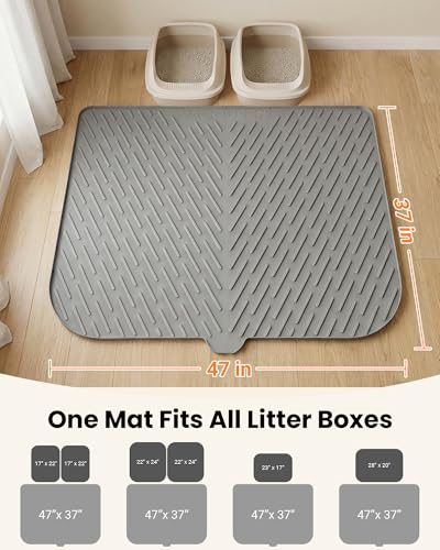Vacqueen Cat Litter Box Mat, 47" x 37" Extra Large Cat Litter Mat, Silicone Waterproof Litter Trapping Mat for Scatter Control Soft on Kitty Paws Non-Slip Easy to Clean (Grey)
