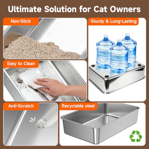 Extra Large Stainless Steel Litter Box with Lid, XL Odor Free Metal Litter Box with High Sides for Big Cats, Open Top Easy Cleaning Kitty Box Anti-Urine Leakage, Non-Sticky, Include Scoop, Black