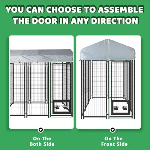 LEMBERI Heavy Duty Large Outdoor Dog Kennel 8x4x6 FT, Escape-Proof Dog Run with Double-Latch Gate, Heat Dissipation Sunshade Cover & 2 Stainless Steel Bowls, Galvanized Steel Dog Cage Enclosure