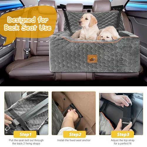 Dog Car Seat for Medium/Large Dog Booster Seat Under 60 lbs or 2 Small Dogs, Multi-Functional Pet Car Seat with Thick Cushion, 2 Safety Leashes (Gray)
