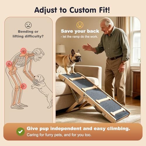 Pawaboo 2026 Upgraded Dog Ramp for Couch, Foldable Small Dog Ramp for Sofa with 7 Adjustable Heights from 2.2" to 18.5", Portable Non-Slip Pet Ramps for Couch Sofa, Wood