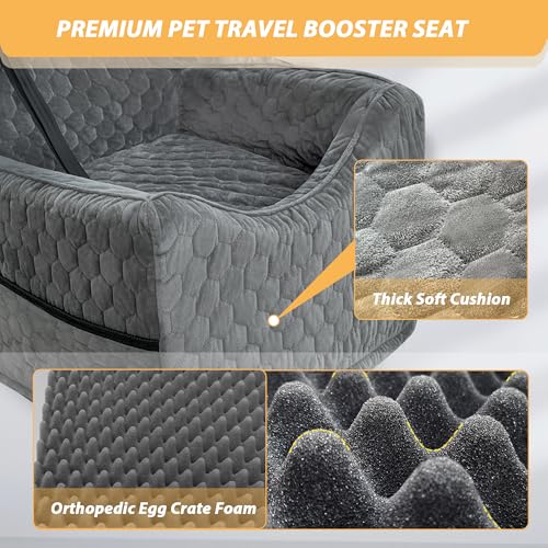 Dog Car Seat for Small/Medium Dogs, Memory Foam Dog Booster Seat, Travel Safety Per Car Seat with Washable Removable Cover, Storage Pockets for Dogs up to 35 lbs(Gray)