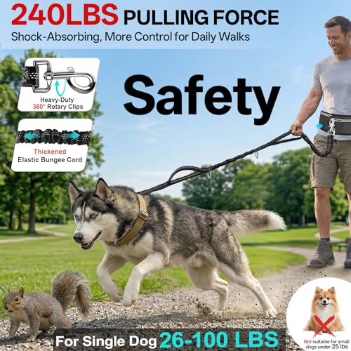 Qltytoy Hands Free Double Dog Leash for Two Dogs,240LB Heavy Duty Retractable with Partitioned Pouch Adjustable Waist for Walking Running Jogging Hiking Biking Training for Medium/Large(Not for＜25LBS)
