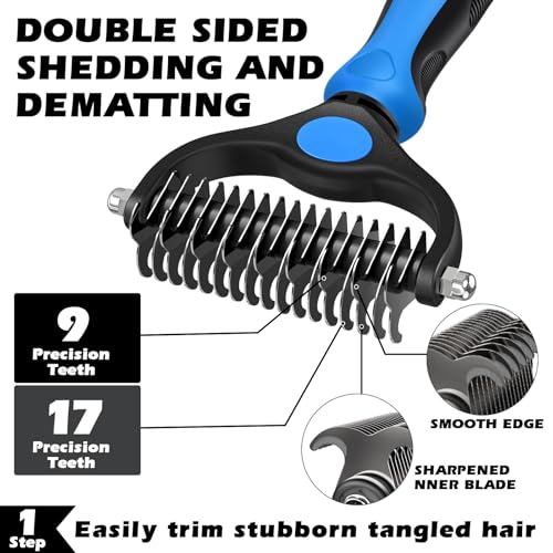 Augwind 7 in 1 Pet Grooming Kit - Dog&Cat Comb, Deshedding Brush, Nail Clipper with File, Bath Brush - Premium Pet Supplies (Blue)