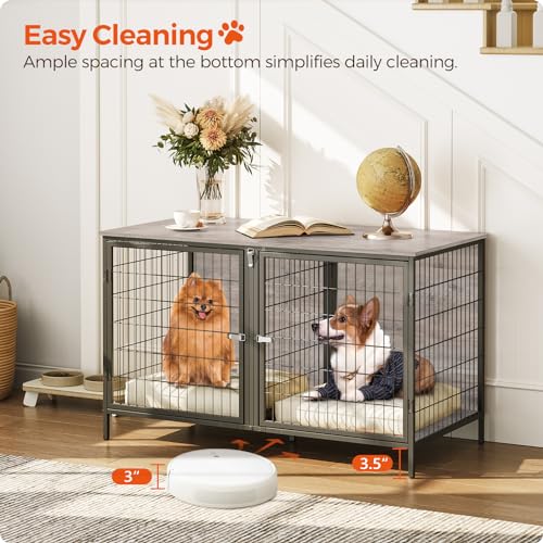 MAHANCRIS Dog Crate Furniture for 2 Dogs, 43.3" Dog Kennel with Removable Divider, Heavy Sturdy Dog Furniture Style Double Cage for Small Medium Dog, Indoor Pet House End Table, Greige DCHG1201