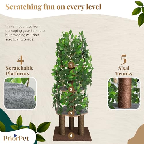 Cat Tree with Leaves – Stable & Space-Saving Design – 4 Scratch Levels & 5 Scratching Posts – for Climbing, Hiding and Sleeping – Easy to Assemble – Durable Cat Trees for Indoor Cats – Natural Look