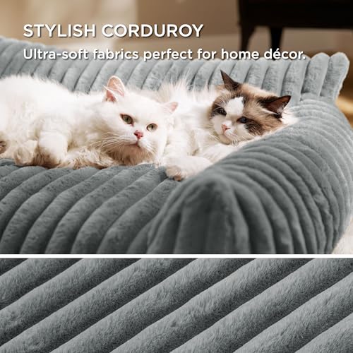 Bedsure ComfyFleece Cat Couch for Pets - Fluffy Cat Sofa with Premium Soft Corduroy Fleece, Fluffy Pet Couch Bed with Removable Washable Cover, Supportive Pet Chair for Indoor Cats, 24inch, Warm Grey