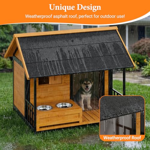 HomeSheek Large Dog House with Dog Bowls Stand, Outdoor Weatherproof XL Dog Kennel with Openable Roof, Easy Assembly All-Around Iron Frame Design for Outside Medium Big XLarge Breed Dogs