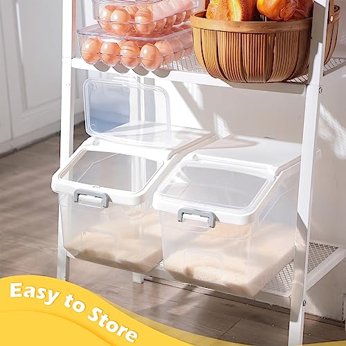 Sunnyray 4 Pcs Rice Storage Container 22 lb Airtight Flour Container with Wheels Measuring Cup Clear Pet Food Cube Dog Cat Birds Food Bin Grain Cereal Organizer Box for Dry Baking Supplies(White Lid)