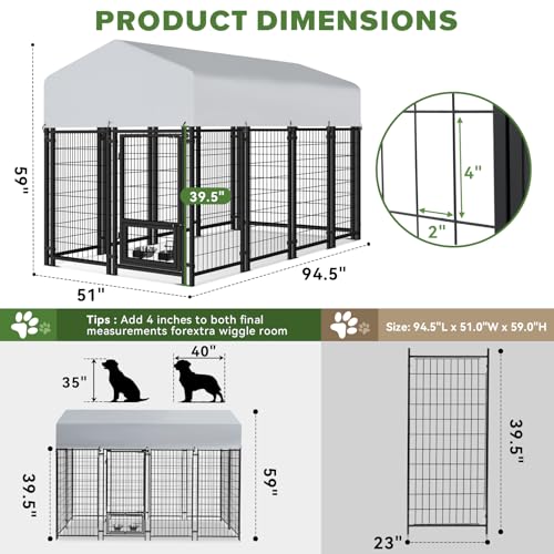 Oranland 7.8x4x5FT Outdoor Dog Kennel for Small/Medium Dogs, Welded Wire Outside Dog Pen, Anti-Rust Dog Run with Secure Lock, UV-Resistant Waterproof Roof & Swivel Stainless Steel Feeding Bowls