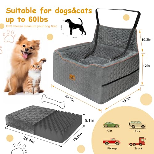 Dog Car Seat for Medium/Large Dog Booster Seat Under 60 lbs or 2 Small Dogs, Multi-Functional Pet Car Seat with Thick Cushion, 2 Safety Leashes (Gray)