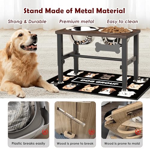 SHAINFUN Elevated Dog Bowls with Slow Feeder & Mat for Medium and Large Dogs, 12" Tall Adjustable Wooden & Metal Raised Dog Bowl Stand, 2 Stainless Steel 58oz Bowls for Food & Water