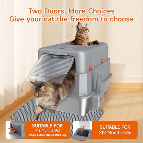 KISENG Stainless Steel Litter Box with Lid, High Sided Enclosed Metal Litter Box for Big Cats, Easy Cleaning Anti-Urine Leakage, Non-Sticky Cat Box, Front Entry Top Exit KittyBox, Includes Mat & Scoop