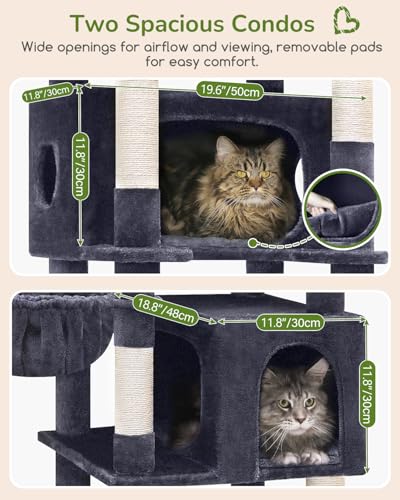 Globlazer Heavy Duty Cat Tree, 74in Sturdy Cat Tower for Large Cats Adult, Big Cat Tree with 7 Sisal Scratching Posts, 2 Padded Condos, 2 Dual-Ear Hanging Baskets, Enlarged Top Perch, S74, Dark Grey