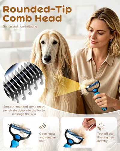 Pet Pro Grooming Tool, 2-In-1 Double-Sided Grooming Tool, Deshedding Dog Brush, Pet Shedding Remover Rounded-Tooth Comb For Painlessly Removing Knots And Loose Hair (Blue-Large)