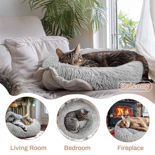 Cat Bed - Calming Cat Bed for Small Kittens Donut Washable Round for Indoor Kittens and Puppies, Anti-Slip Round Fluffy Plush Faux Fur, Small, Light Grey