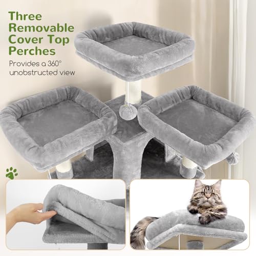 Globlazer Cat Trees and Towers for Multiple Adult Cats, 82-inch XXL Tall Cat Tree Tower for Indoor Cats with Scratching Post, 3 Perches, 2 Condos, 2 Hanging Baskets, F82, Light Grey