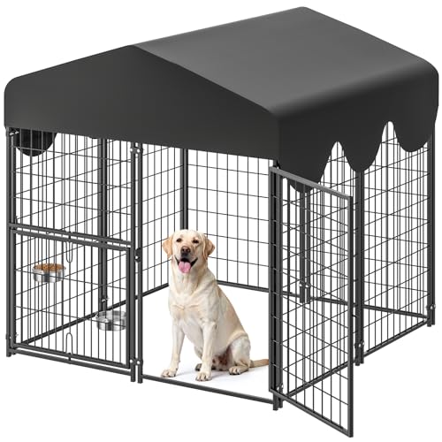 4x4x4.5ft Outdoor Dog Kennel, Metal Heavy Duty Dog Run with Rotating Door & 2 Adjustable Bowls, Dog Kennel Outside with Waterproof Cover, Pet Enclosure Indoor for Small/Medium/Large Dogs