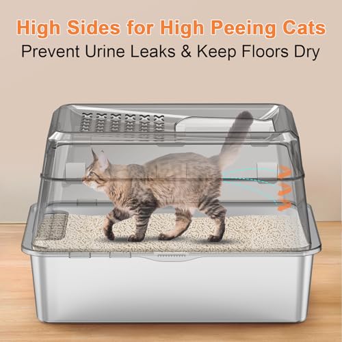 URPOWER Stainless Steel Cat Litter Box with Lid Extra Large Enclosed Litter Box Non-Sticky Metal Pan with High Sided & Scoop, Odor Free, Front & Top Entry, Anti-Leakage, Easy Cleaning