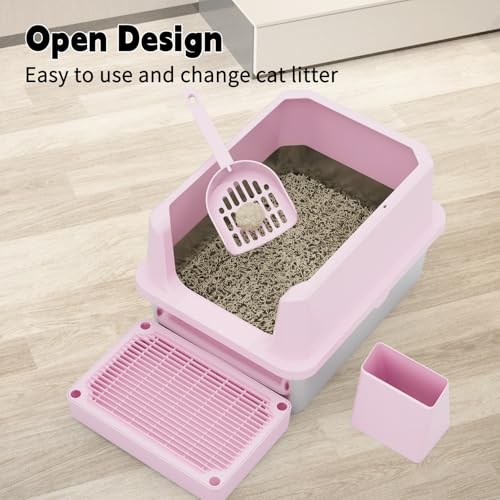 RIZZARI Pink Open-Top Cat Litter Box with Stainless Steel Pan - Extra-Large, Non-Porous & Easy Clean, High Sides Anti-Scatter, Includes Scoop, for Apartment Bathroom or Laundry Room