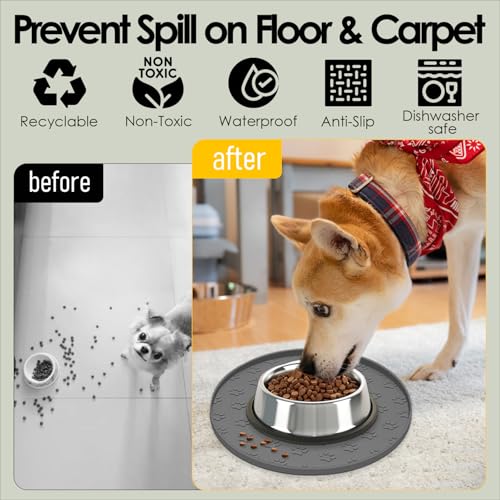 AVYDIIF Pet Feeding Mats for Food and Water, Waterproof Anti-Slip Placemats for Dog Cat Bowl, 1 Pack Silicone Pet Food Mat, Dishwasher Safe 10.9 × 10.9 (1 Pack, Grey)