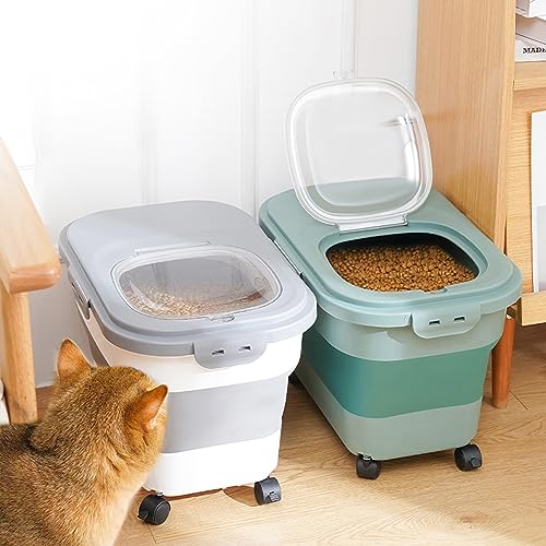 Collapsible Dog Food Storage Container with Lids, Airtight Rice Flour Cereal Sugar Cat Pet Bird Seed Containers Dispenser Bin Bucket with Rolling Wheel, 20 25 30 Lbs Plastic Sealable Kitchen Holder
