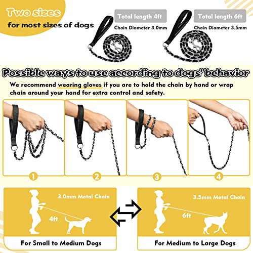 LUFFWELL Heavy Duty Metal Dog Chain Leash with Comfortable PU Leather Padded Handle, Chew Proof for Medium Large Pooch Walking Training (6FT 3.5mm Black)