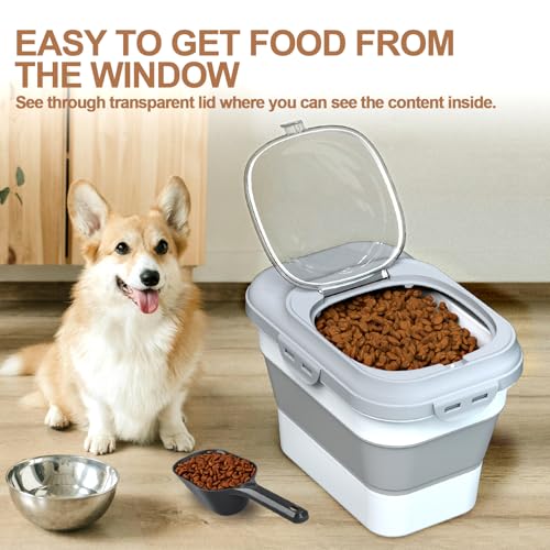 TIOVERY Dog Food Storage Container Small, 10-13lbs Collapsible Dog Cat Food Containers with Airtight Clear Flip-top and Pet Food Scoop, Pet Food Storage Container Bin for Dog Cat Bird Other Pets Grey