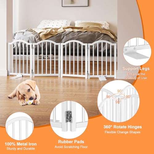 Snughome Short Dog Gate Indoor, 16" High Freestanding Small Dog Door Gates with Support Feet, Expands Up to 48’’ Wide Foldable Pet Gate for Doorway, 4 Panel Folding Pet Door Pet Fence for Puppy, White