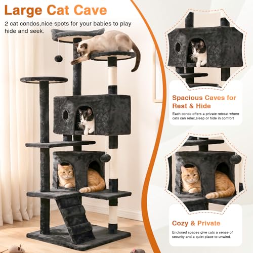 FDW | 54" Cat Tree Tower | Dark Gray | Multi-Level Indoor Activity Center with Sisal Scratching Posts, Condos, Plush Perches, Hanging Cat Toys | Sturdy, Easy to Assemble | for Kittens & Adult Cats