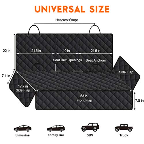 Yuntec Dog Car Seat Cover, Back Seat Cover for Dogs Pet Car Seat Protector Waterproof Bench Car Seat Cover, Non-Slip Rear Seat Cover fits Middle Armrest for Most Cars SUVs Trucks - Black