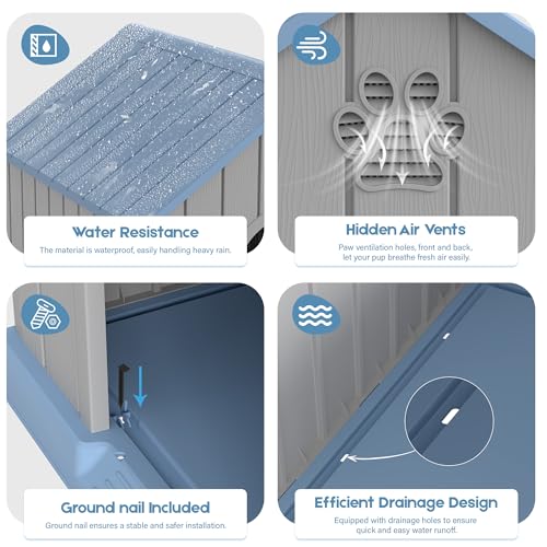 Fancyango Large Dog House Outdoor Indoor for Medium Large Dogs, Sturdy Plastic Waterproof Doghouse with Air Vents and Elevated Floor, Easy Clean and Assemble (Light Blue, 36.2''L×38''W×38''H)