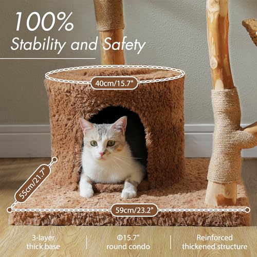 PAWZ Road Cat Tree for Indoor Cats Large Adults, 59 Inches Modern Cat Tower with 3 Large Baskets, Natural Solid Wood, Luxury Condo and Hammock, Modern Furniture for Big Cats, Brown