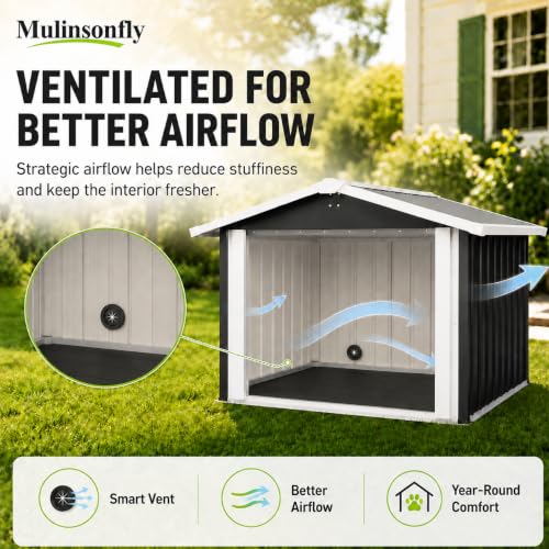 Mulinsonfly 40 Inch Heavy Duty Metal Dog House for Medium and Large Dogs, Outdoor Dog Shelter with Raised Floor, PVC Curtain, Vent and Sloped Roof, Weather Resistant for Backyard Patio
