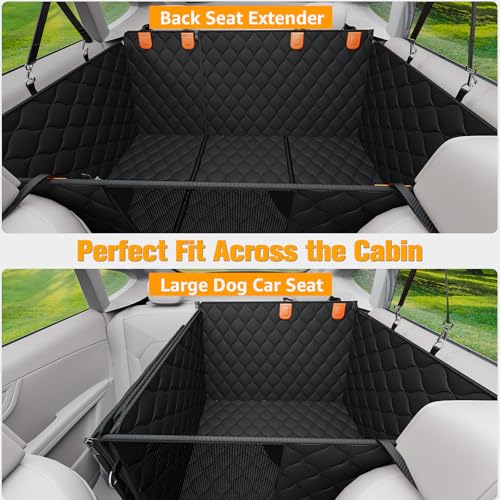 PETICON Convertible Back Seat Extender for Dogs, Dog Car Seat Cover Hard Bottom Holds 400 lbs, Waterproof Dog Hammock Backseat Protector with Mesh Window for Cars, Trucks and SUVs