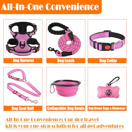 LOBEVE No Pull Dog Harness, Collar & Leash Set | Includes Dog Seat Belt, Collapsible Bowls & Poop Bag Dispenser. Ideal for Training, Walking, Hiking. Fits Small to Large Dogs(Pink-L)