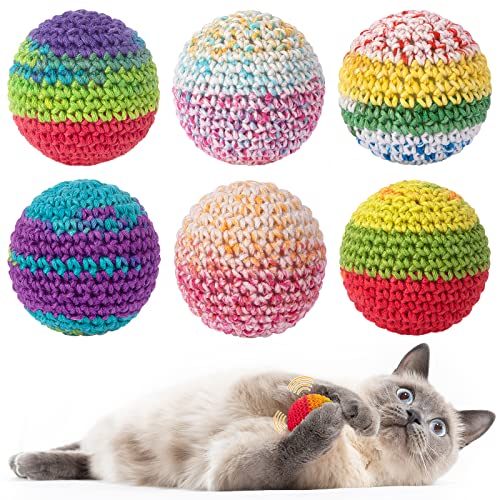 Retro Shaw 6 Pack Cat Toys Balls with Bell Inside, Handmade Crochet Soft Woolen Yarn Interactive Toys for Indoor Kittens Cats, Lightweight Chew Balls for Chase and Bat