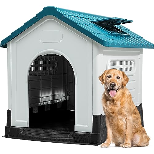YITAHOME 41.3'' Folding Large Dog House, Weather Resistant Doghouse with Adjustable Skylight and Elevated Base, Outdoor Indoor Pet House for Small to Large Dogs (41.3''L*34.6''W*39''H)