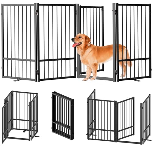 SNUOWU Full Metal Freestanding Dog Gate with Door, 32''Height Foldable Pet Dog Fence for Indoor & Outdoor, 4 Panels Extra Wide Free Standing TallDog Gates for Doorways,House,Stairs,Porch,Deck,Yard
