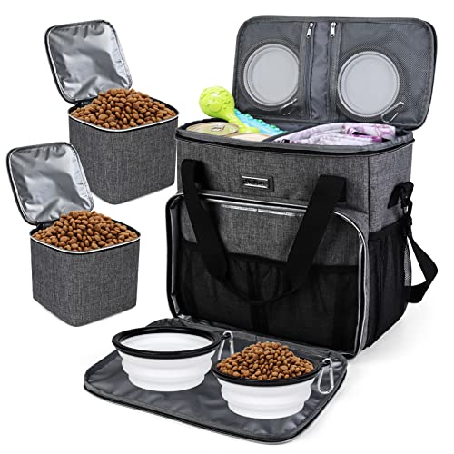 BAGLHER Dog Travel Bag, Pet Travel Bag (ALL Pet Travel Supplies), With 2 Pet Food Containers and 2 Collapsible Silicone Bowls; Essential Kits for Pet Travel Grey