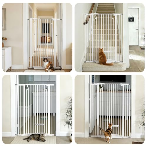 Ostutry 53in Extra Tall Cat Gate for Doorway, 29.5-40.6in Wide Auto Close Pet Gate with Cat Door, Climb Proof Dog Gate No Drilling Pressure Mounted, White