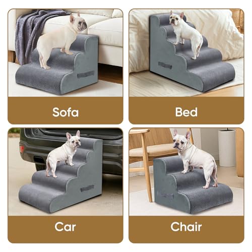 PAWSCRAT Pet Stairs for Dogs 4-Step, 19.6" H Pet Stairs for High Bed, Couch Sofa & Chair, 30D Material Soft Foam Dog Steps with Non-Slip Bottom Surface Removable Washable Cover, Grey