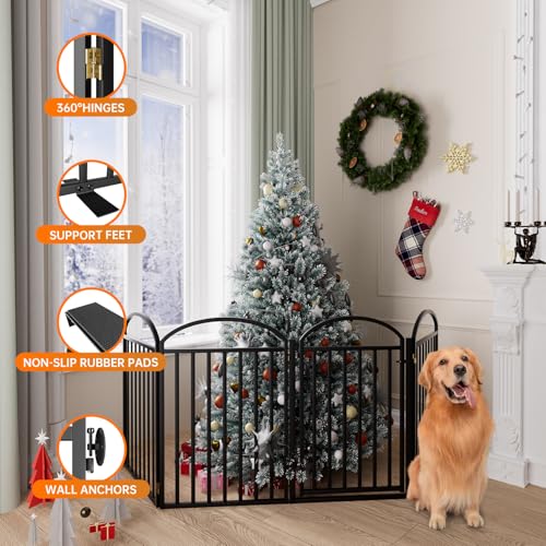 SNUOWU 4 Panels Full Matel Freestanding Dog Gates with Door, 96"Extra Wide 32"Tall Free Standing Dog Pet Gate for Indoor & Outdoor. Foldable Pet Fences for Doorways, House, Stairs, Porch, Deck, Yard
