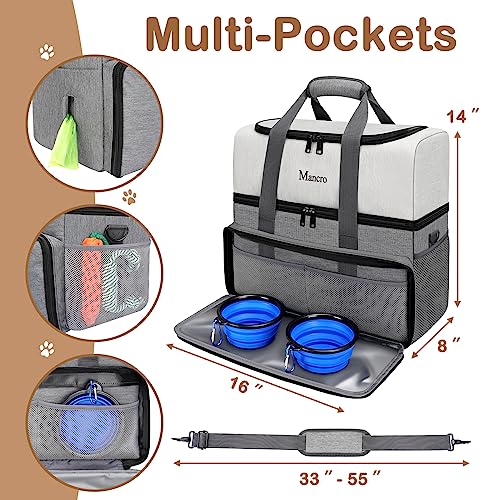 Mancro Dual Layers Dog Travel Bag, Pet Travel Bags with 2 Extra Large Food Containers, 2 Collapsible Dog Bowls, Multi-Pockets Tote Organizer for Pet Supplies, Road Trip Essentials, Weekend Camping